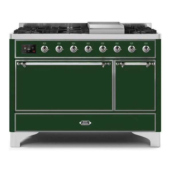 ILVE UM12FDQNS3EGCLP Majestic II 48 inch Dual Fuel Range with 8 Burners, Griddle (Liquid Propane, Solid Door, Emerald Green, Chrome)