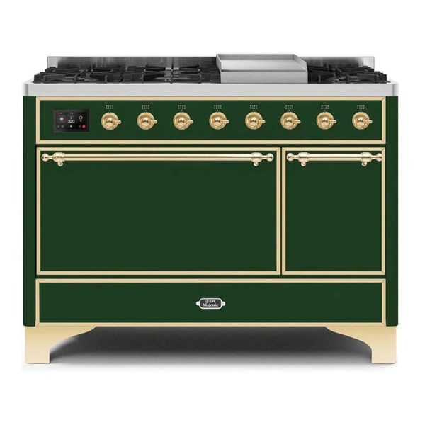 ILVE UM12FDQNS3EGG Majestic II 48 inch Dual Fuel Range with 8 Burners, Griddle (Natural Gas, Solid Door, Emerald Green, Brass)