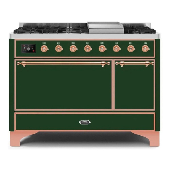 ILVE UM12FDQNS3EGPLP Majestic II 48 inch Dual Fuel Range with 8 Burners, Griddle (Liquid Propane, Solid Door, Emerald Green, Copper)