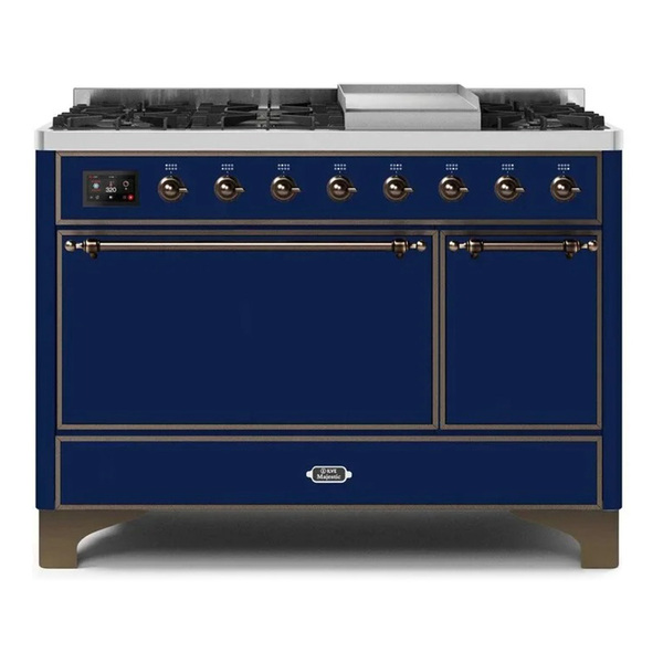 ILVE UM12FDQNS3MBB Majestic II 48 inch Dual Fuel Range with 8 Burners, Griddle (Natural Gas, Solid Door, Midnight Blue, Burnished)