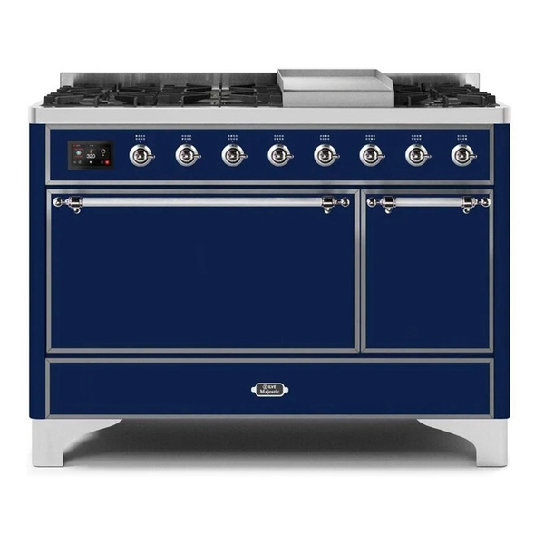 ILVE UM12FDQNS3MBCLP Majestic II 48 inch Dual Fuel Range with 8 Burners, Griddle (Liquid Propane, Solid Door, Midnight Blue, Chrome)