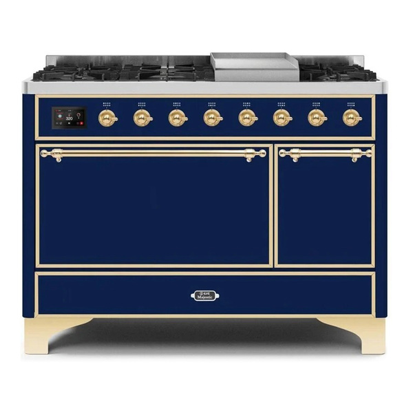 ILVE UM12FDQNS3MBGLP Majestic II 48 inch Dual Fuel Range with 8 Burners, Griddle (Liquid Propane, Solid Door, Midnight Blue, Brass)