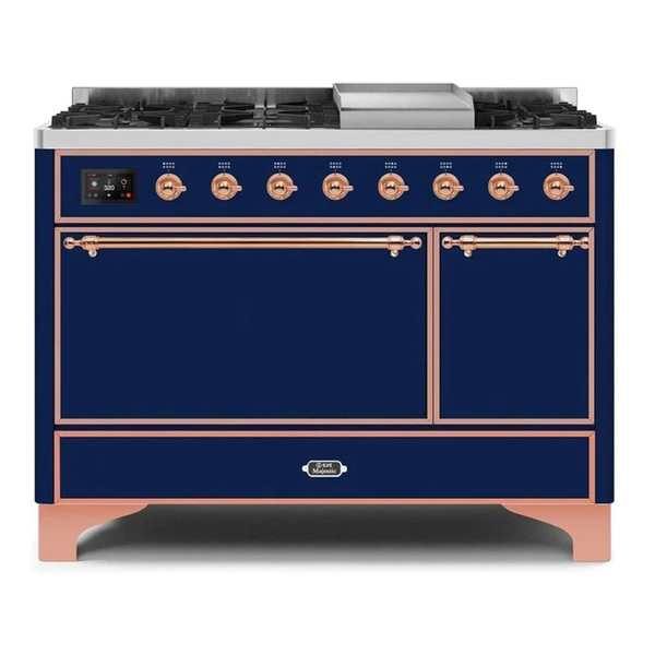 ILVE UM12FDQNS3MBPLP Majestic II 48 inch Dual Fuel Range with 8 Burners, Griddle (Liquid Propane, Solid Door, Midnight Blue, Copper)