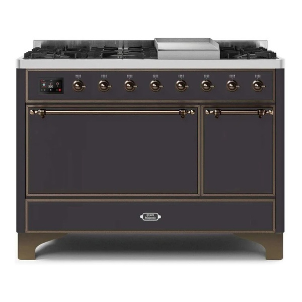 ILVE UM12FDQNS3MGBLP Majestic II 48 inch Dual Fuel Range with 8 Burners, Griddle (Liquid Propane, Solid Door, Graphite Matte, Burnished)