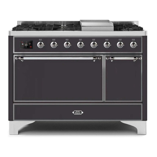 ILVE UM12FDQNS3MGC Majestic II 48 inch Dual Fuel Range with 8 Burners, Griddle (Natural Gas, Solid Door, Graphite Matte, Chrome)