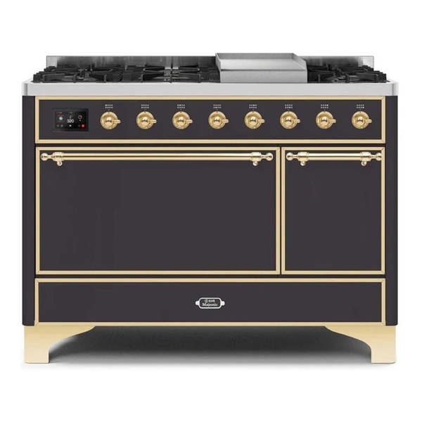 ILVE UM12FDQNS3MGG Majestic II 48 inch Dual Fuel Range with 8 Burners, Griddle (Natural Gas, Solid Door, Graphite Matte, Brass)