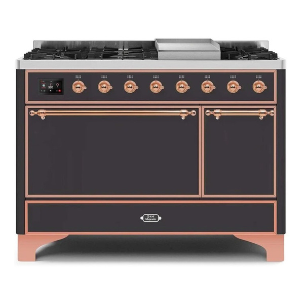 ILVE UM12FDQNS3MGP Majestic II 48 inch Dual Fuel Range with 8 Burners, Griddle (Natural Gas, Solid Door, Graphite Matte, Copper)