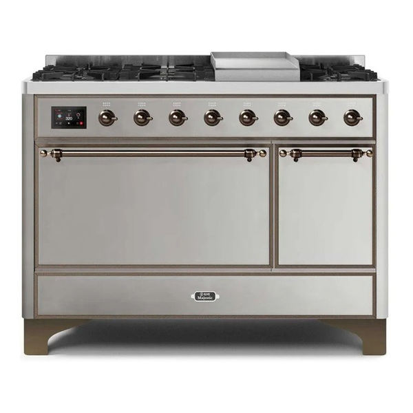 ILVE UM12FDQNS3SSBLP Majestic II 48 inch Dual Fuel Range with 8 Burners, Griddle (Liquid Propane, Solid Door, Stainless Steel, Burnished)