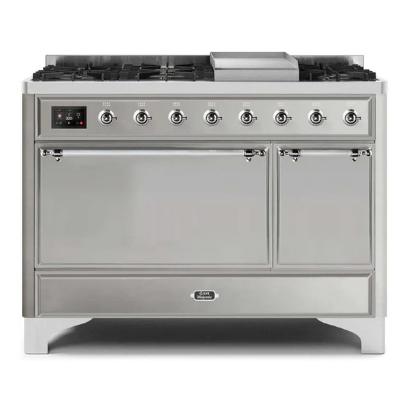 ILVE UM12FDQNS3SSCLP Majestic II 48 inch Dual Fuel Range with 8 Burners, Griddle (Liquid Propane, Solid Door, Stainless Steel, Chrome)
