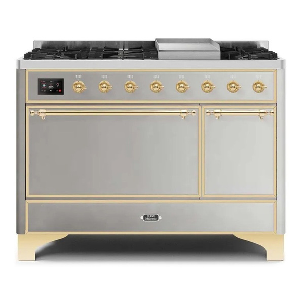 ILVE UM12FDQNS3SSGLP Majestic II 48 inch Dual Fuel Range with 8 Burners, Griddle (Liquid Propane, Solid Door, Stainless Steel, Brass)