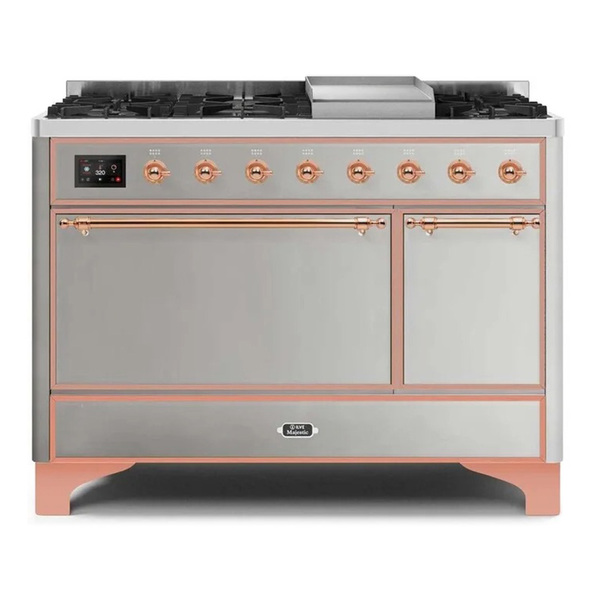 ILVE UM12FDQNS3SSP Majestic II 48 inch Dual Fuel Range with 8 Burners, Griddle (Natural Gas, Solid Door, Stainless Steel, Copper)