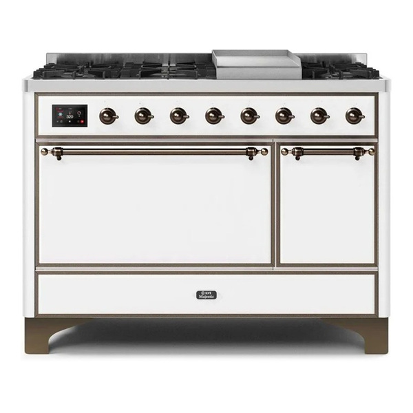 ILVE UM12FDQNS3WHB Majestic II 48 inch Dual Fuel Range with 8 Burners, Griddle (Natural Gas, Solid Door, White, Burnished)