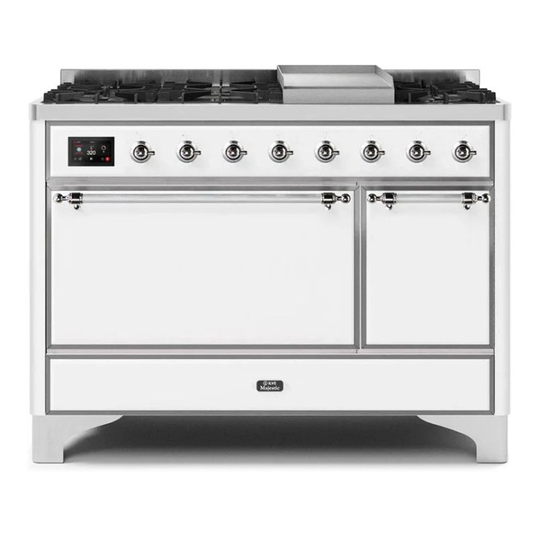 ILVE UM12FDQNS3WHCLP Majestic II 48 inch Dual Fuel Range with 8 Burners, Griddle (Liquid Propane, Solid Door, White, Chrome)