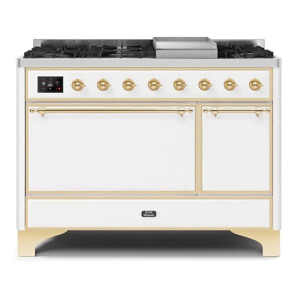 ILVE UM12FDQNS3WHG Majestic II 48 inch Dual Fuel Range with 8 Burners, Griddle (Natural Gas, Solid Door, White, Brass)
