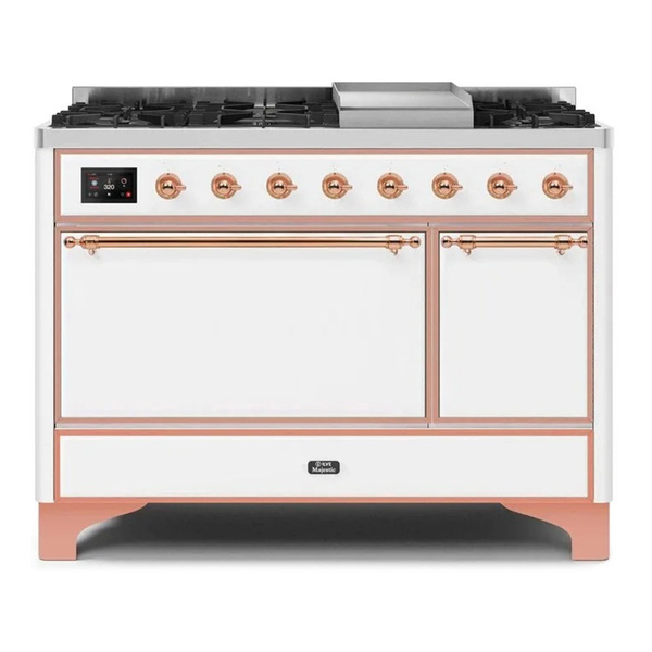 ILVE UM12FDQNS3WHPLP Majestic II 48 inch Dual Fuel Range with 8 Burners, Griddle (Liquid Propane, Solid Door, White, Copper)
