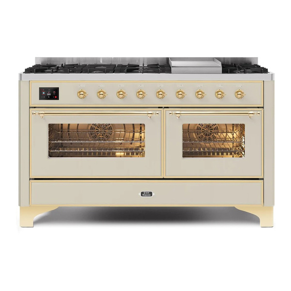 ILVE UM15FDNS3AWG Majestic II 60 inch Dual Fuel Range with 9 Burners, Griddle (Natural Gas, Triple Glass Door, Antique White, Brass)