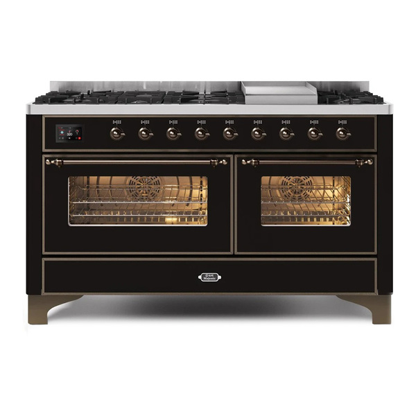 ILVE UM15FDNS3BKB Majestic II 60 inch Dual Fuel Range with 9 Burners, Griddle (Natural Gas, Triple Glass Door, Glossy Black, Burnished)