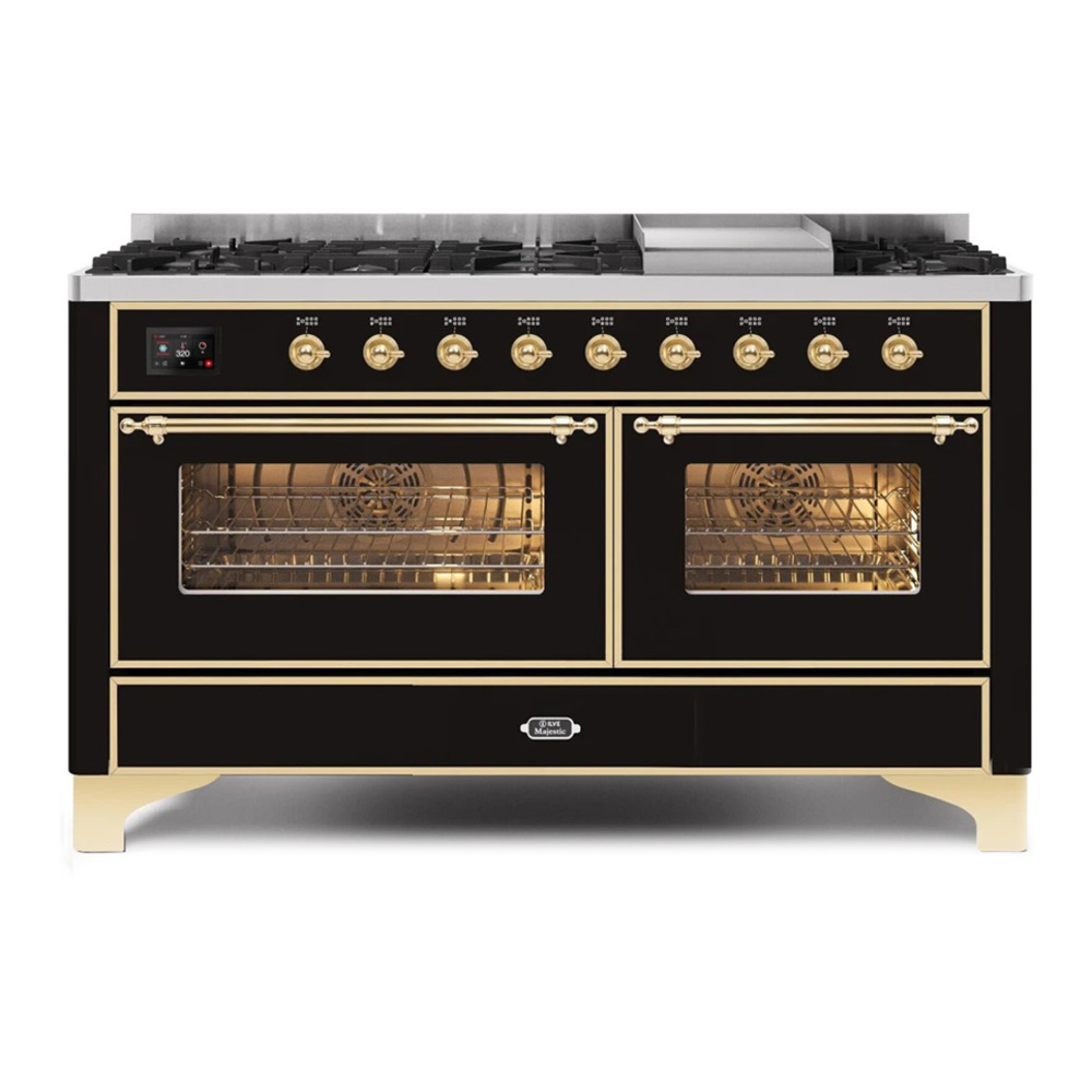ILVE UM15FDNS3BKGLP Majestic II 60 inch Dual Fuel Range with 9 Burners, Griddle (Liquid Propane, Triple Glass Door, Glossy Black, Brass)