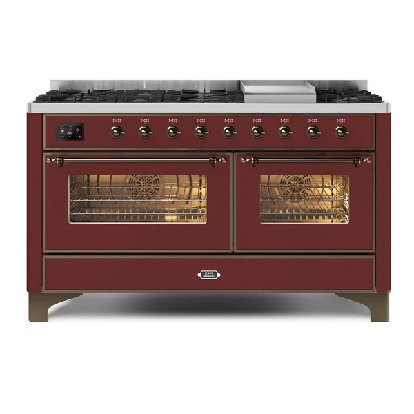 ILVE UM15FDNS3BUBLP Majestic II 60 inch Dual Fuel Range with 9 Burners, Griddle (Liquid Propane, Triple Glass Door, Burgundy, Burnished)