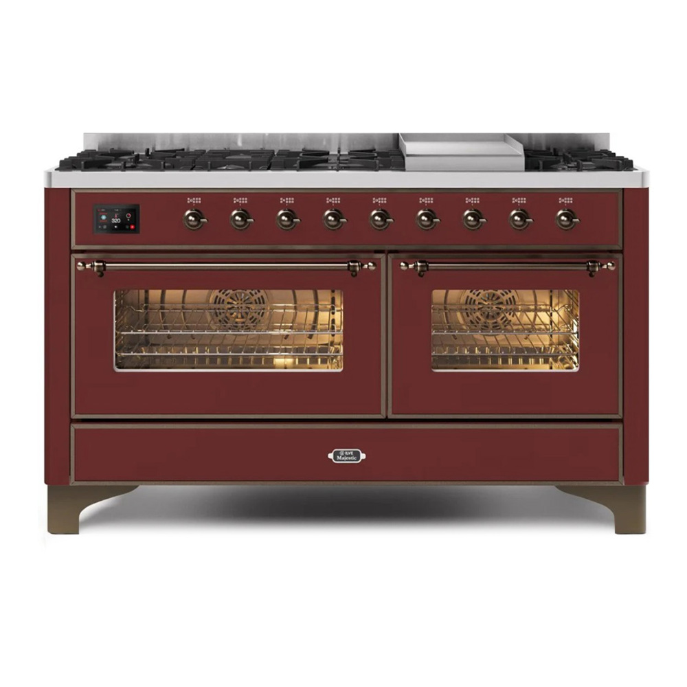 ILVE UM15FDNS3BUB Majestic II 60 inch Dual Fuel Range with 9 Burners, Griddle (Natural Gas, Triple Glass Door, Burgundy, Burnished)
