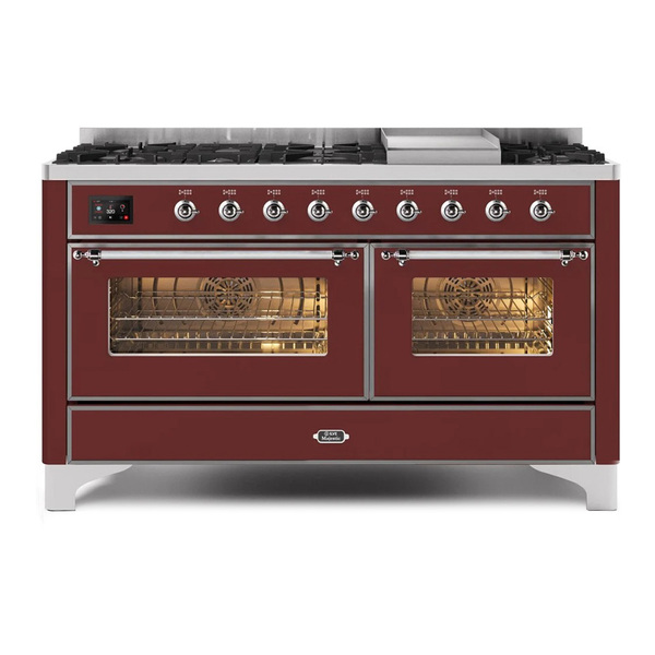 ILVE UM15FDNS3BUCLP Majestic II 60 inch Dual Fuel Range with 9 Burners, Griddle (Liquid Propane, Triple Glass Door, Burgundy, Chrome)