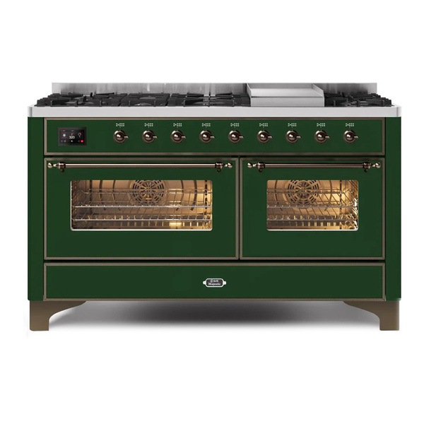 ILVE UM15FDNS3EGBLP Majestic II 60 inch Dual Fuel Range with 9 Burners, Griddle (Liquid Propane, Triple Glass Door, Emerald Green, Burnished)