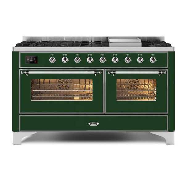 ILVE UM15FDNS3EGCLP Majestic II 60 inch Dual Fuel Range with 9 Burners, Griddle (Liquid Propane, Triple Glass Door, Emerald Green, Chrome)