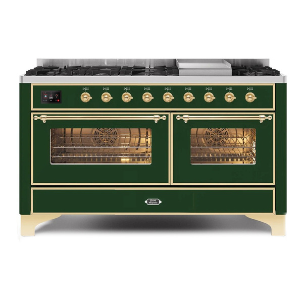 ILVE UM15FDNS3EGG Majestic II 60 inch Dual Fuel Range with 9 Burners, Griddle (Natural Gas, Triple Glass Door, Emerald Green, Brass)