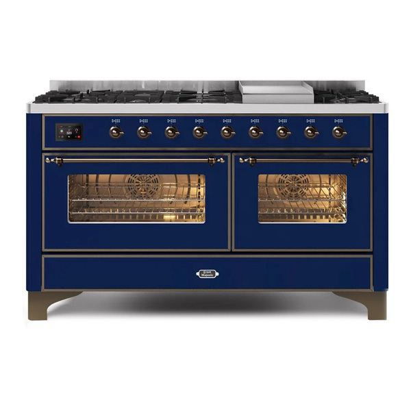 ILVE UM15FDNS3MBB Majestic II 60 inch Dual Fuel Range with 9 Burners, Griddle (Natural Gas, Triple Glass Door, Midnight Blue, Burnished)