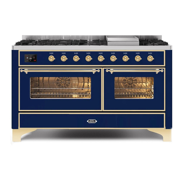 ILVE UM15FDNS3MBGLP Majestic II 60 inch Dual Fuel Range with 9 Burners, Griddle (Liquid Propane, Triple Glass Door, Midnight Blue, Brass)