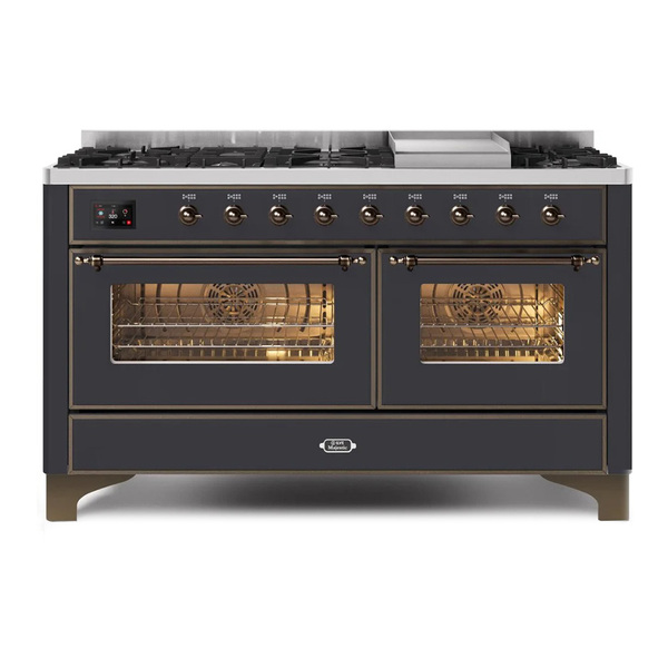 ILVE UM15FDNS3MGB Majestic II 60 inch Dual Fuel Range with 9 Burners, Griddle (Natural Gas, Triple Glass Door, Graphite Matte, Burnished)