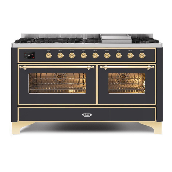 ILVE UM15FDNS3MGG Majestic II 60 inch Dual Fuel Range with 9 Burners, Griddle (Natural Gas, Triple Glass Door, Graphite Matte, Brass)