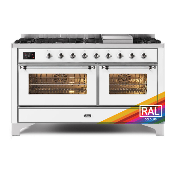 ILVE UM15FDNS3RACLP Majestic II 60 inch Dual Fuel Range with 9 Burners, Griddle (Liquid Propane, Triple Glass Door, RAL, Chrome)