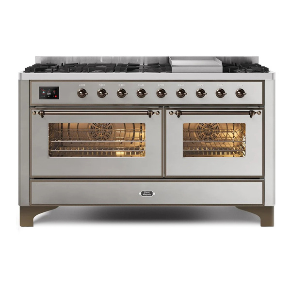 ILVE UM15FDNS3SSBLP Majestic II 60 inch Dual Fuel Range with 9 Burners, Griddle (Liquid Propane, Triple Glass Door, Stainless Steel, Burnished)