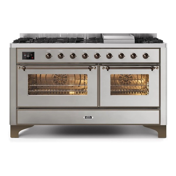 ILVE UM15FDNS3SSB Majestic II 60 inch Dual Fuel Range with 9 Burners, Griddle (Natural Gas, Triple Glass Door, Stainless Steel, Burnished)