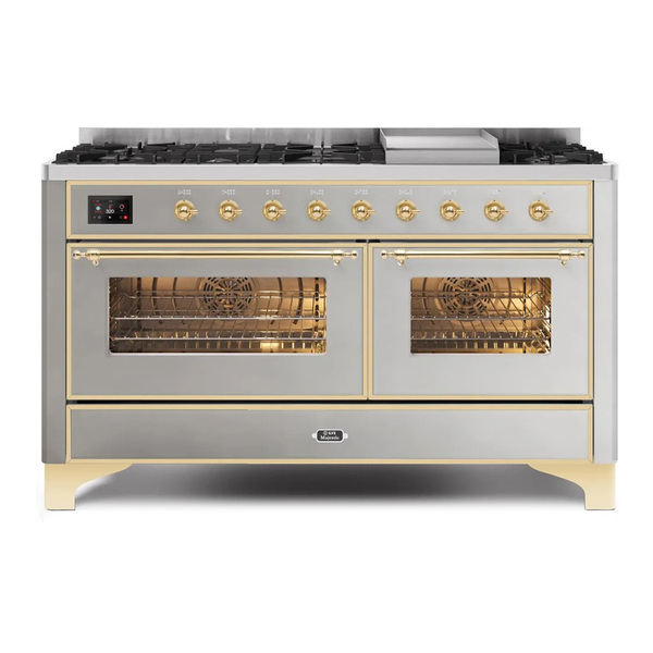 ILVE UM15FDNS3SSGLP Majestic II 60 inch Dual Fuel Range with 9 Burners, Griddle (Liquid Propane, Triple Glass Door, Stainless Steel, Brass)