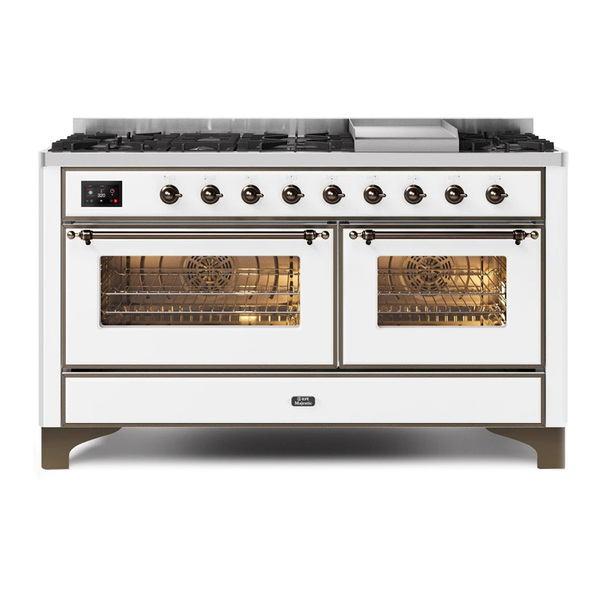 ILVE UM15FDNS3WHB Majestic II 60 inch Dual Fuel Range with 9 Burners, Griddle (Natural Gas, Triple Glass Door, White, Burnished)