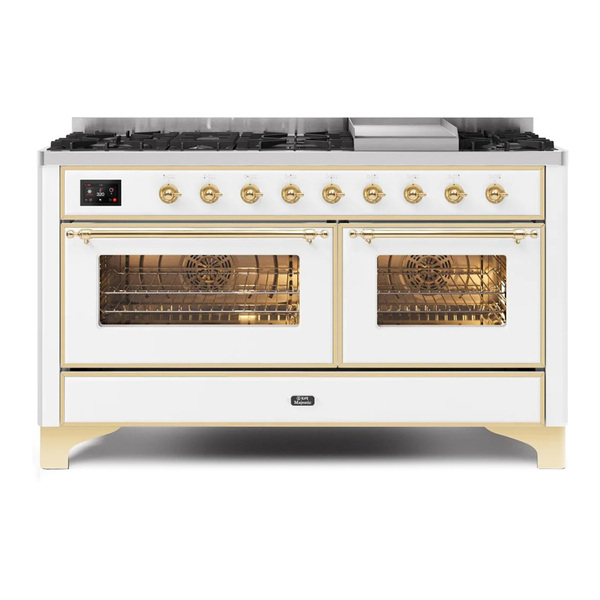 ILVE UM15FDNS3WHG Majestic II 60 inch Dual Fuel Range with 9 Burners, Griddle (Natural Gas, Triple Glass Door, White, Brass)
