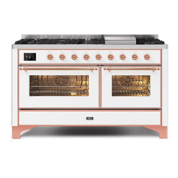 ILVE UM15FDNS3WHPLP Majestic II 60 inch Dual Fuel Range with 9 Burners, Griddle (Liquid Propane, Triple Glass Door, White, Copper)