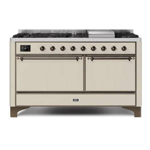 ILVE UM15FDQNS3AWBLP Majestic II 60 inch Dual Fuel Range with 9 Burners, Griddle (Liquid Propane, Solid Door, Antique White, Burnished)