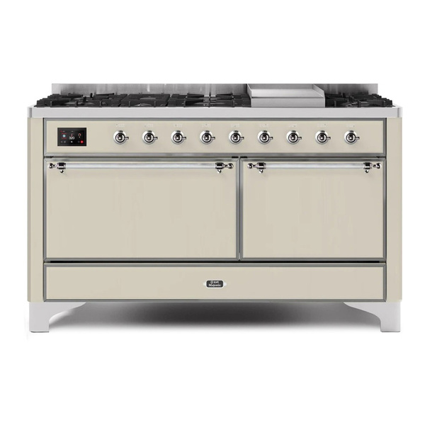 ILVE UM15FDQNS3AWC Majestic II 60 inch Dual Fuel Range with 9 Burners, Griddle (Natural Gas, Solid Door, Antique White, Chrome)