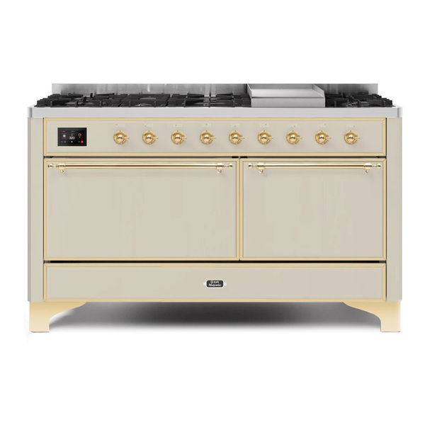ILVE UM15FDQNS3AWGLP Majestic II 60 inch Dual Fuel Range with 9 Burners, Griddle (Liquid Propane, Solid Door, Antique White, Brass)