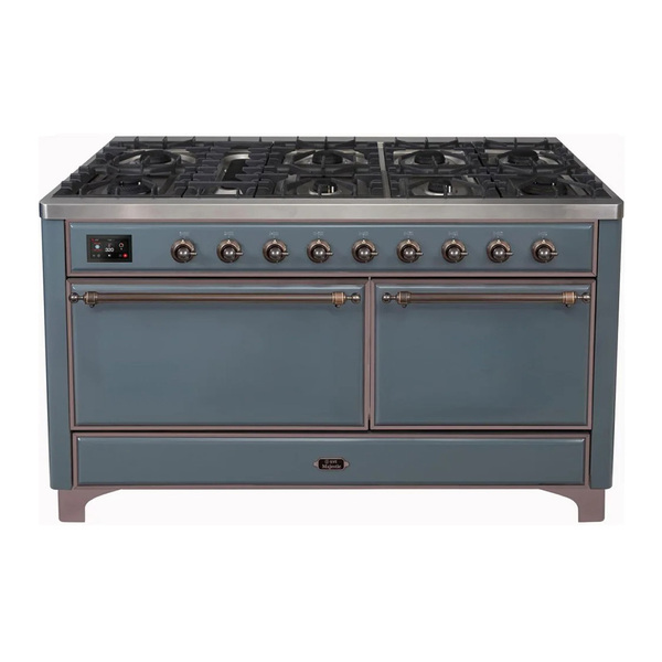 ILVE UM15FDQNS3BGB Majestic II 60 inch Dual Fuel Range with 9 Burners, Griddle (Natural Gas, Solid Door, Blue Grey, Burnished)