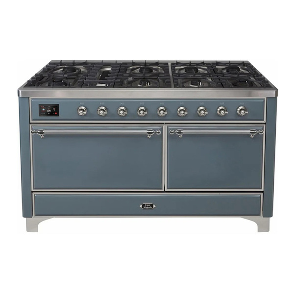 ILVE UM15FDQNS3BGCLP Majestic II 60 inch Dual Fuel Range with 9 Burners, Griddle (Liquid Propane, Solid Door, Blue Grey, Chrome)