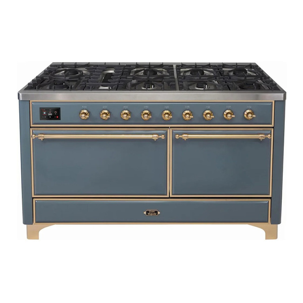 ILVE UM15FDQNS3BGGLP Majestic II 60 inch Dual Fuel Range with 9 Burners, Griddle (Liquid Propane, Solid Door, Blue Grey, Brass)