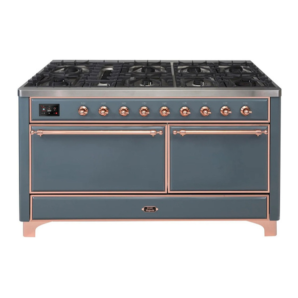 ILVE UM15FDQNS3BGPLP Majestic II 60 inch Dual Fuel Range with 9 Burners, Griddle (Liquid Propane, Solid Door, Blue Grey, Copper)