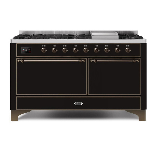 ILVE UM15FDQNS3BKB Majestic II 60 inch Dual Fuel Range with 9 Burners, Griddle (Natural Gas, Solid Door, Glossy Black, Burnished)