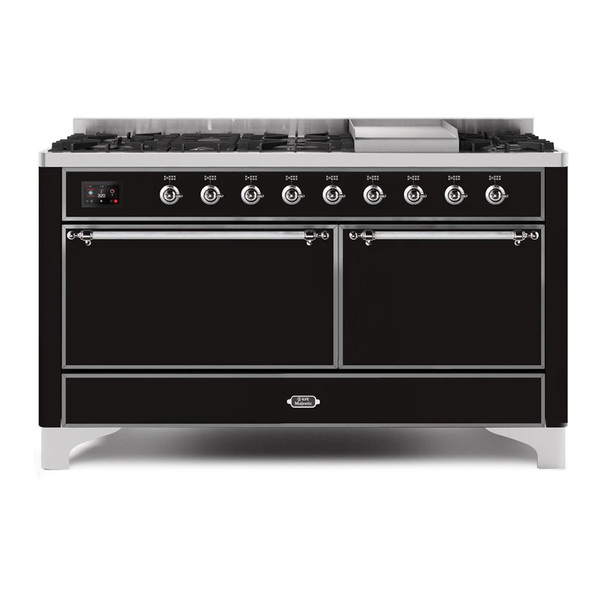 ILVE UM15FDQNS3BKCLP Majestic II 60 inch Dual Fuel Range with 9 Burners, Griddle (Liquid Propane, Solid Door, Glossy Black, Chrome)
