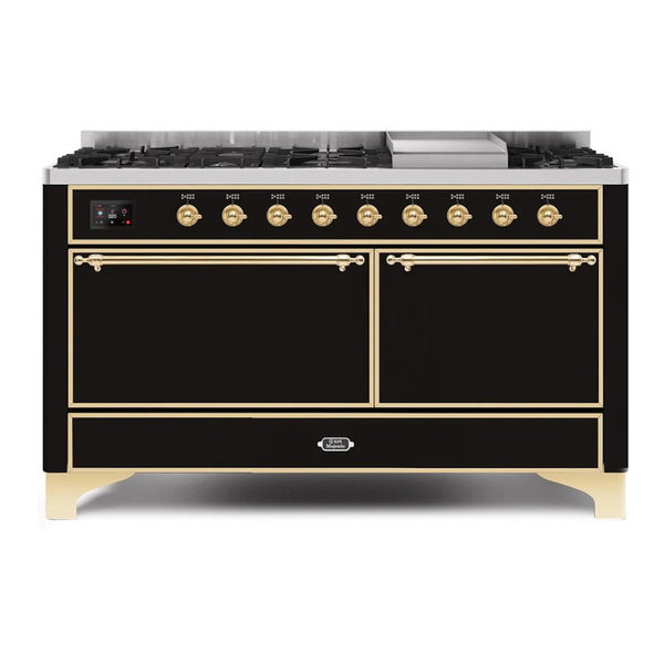 ILVE UM15FDQNS3BKG Majestic II 60 inch Dual Fuel Range with 9 Burners, Griddle (Natural Gas, Solid Door, Glossy Black, Brass)