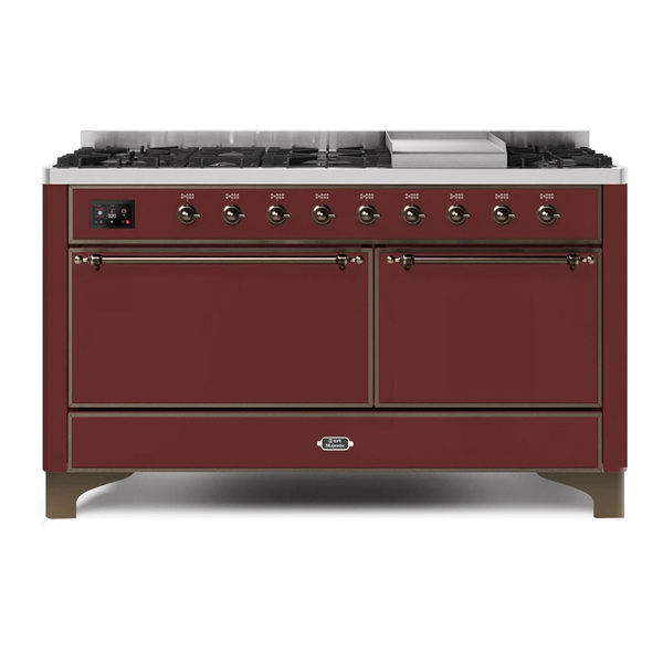 ILVE UM15FDQNS3BUBLP Majestic II 60 inch Dual Fuel Range with 9 Burners, Griddle (Liquid Propane, Solid Door, Burgundy, Burnished)